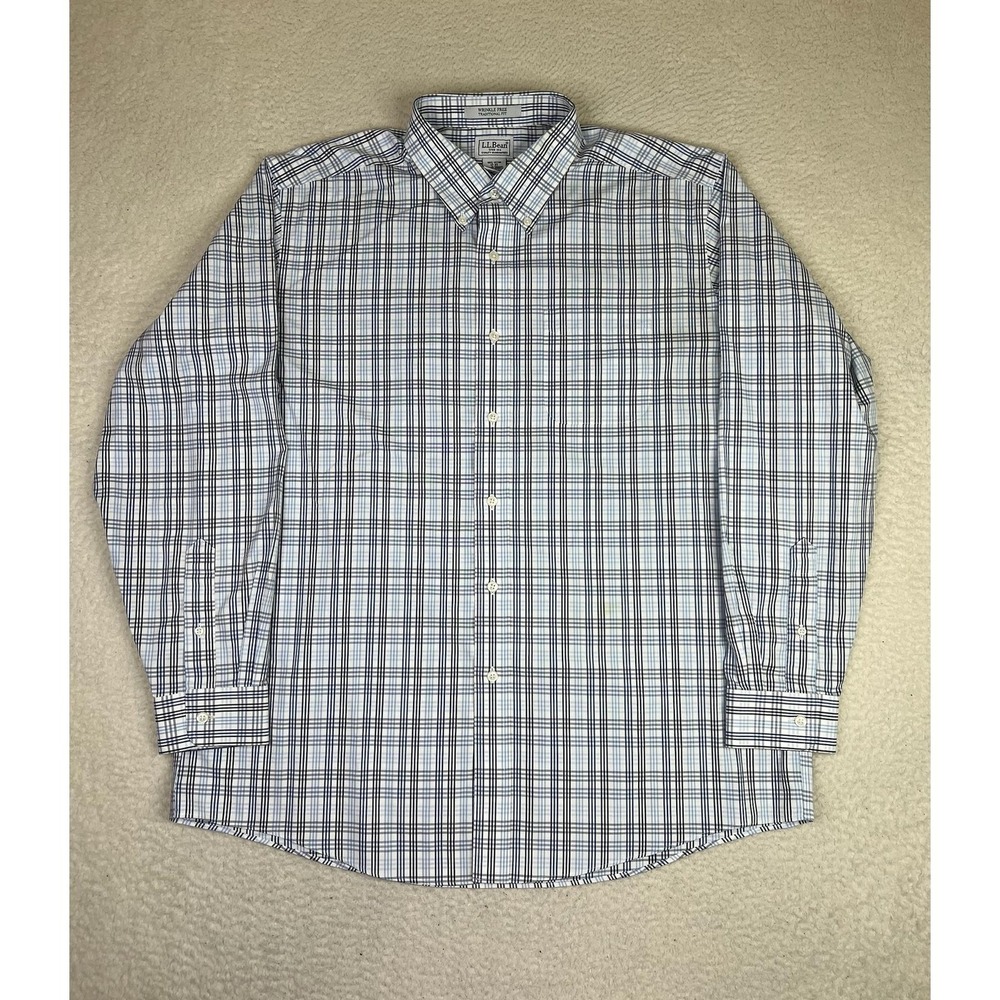 L.L.‎ Bean Dress Shirt Mens 17 34/35 Blue Plaid Wrinkle Free Classic LS